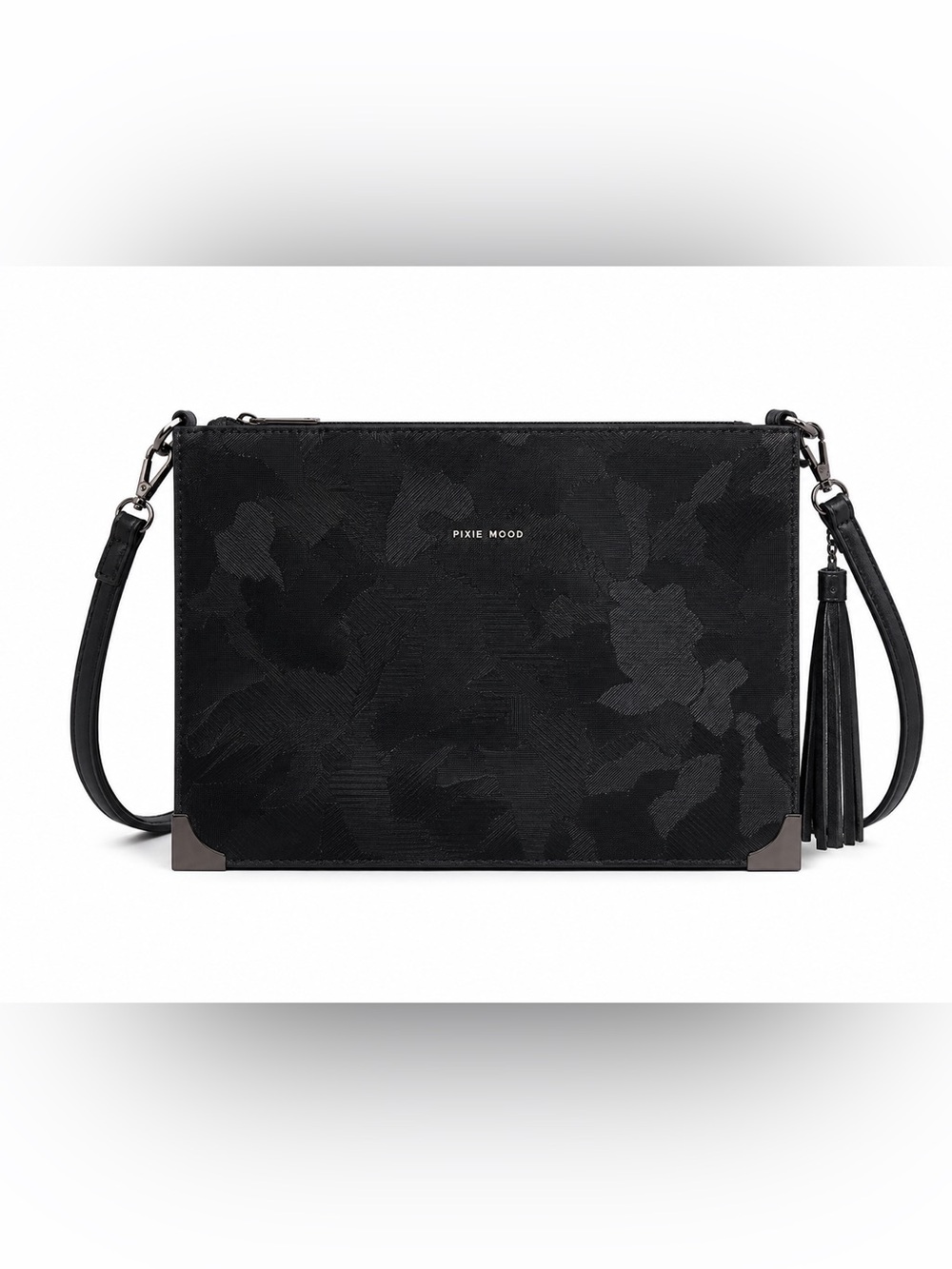 Pixie Mood Black Camouflage Textured Womens Purse with Tassel